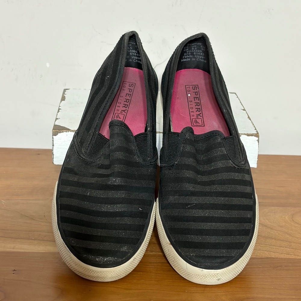 Sperry Top-Sider Seaside Black Striped Glitter Slip On Sneakers Womens 4M 36